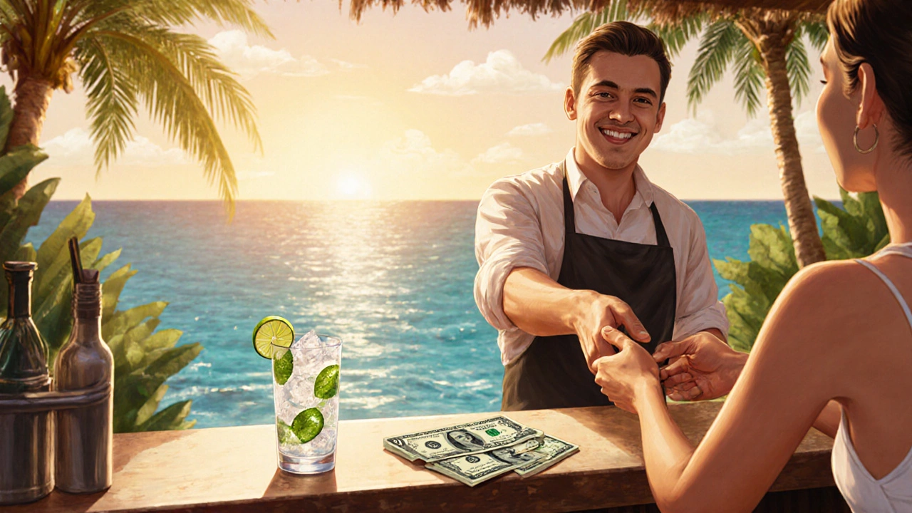 Bartender serving a mojito with cash tips on the bar counter