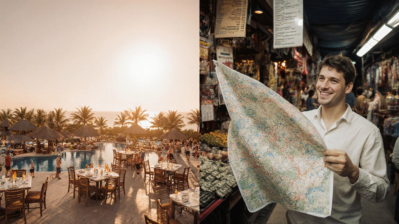 Contrasting scene: peaceful all-inclusive resort on one side, busy foreign market with travel stress on the other.