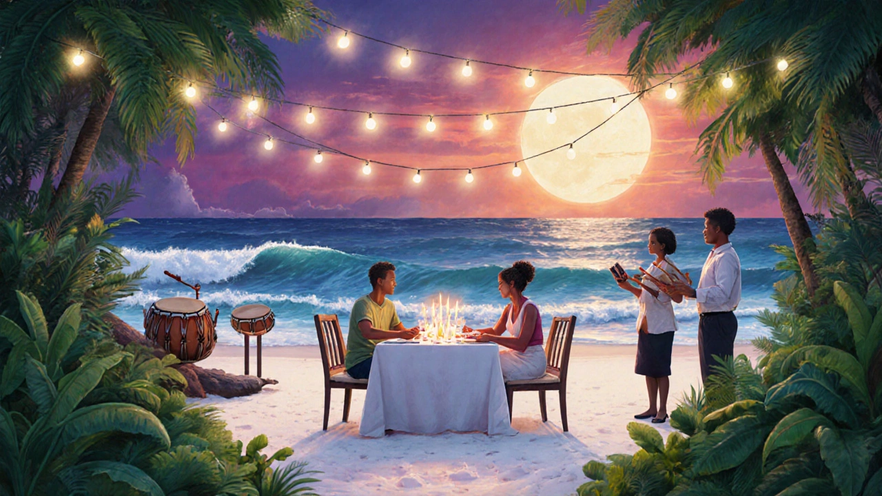 Couple having a romantic candlelit dinner on a private beach at sunset with ocean waves and tropical lighting.