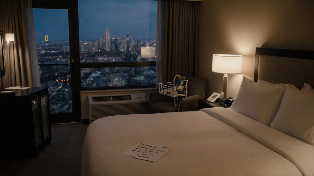 Empty hotel room on Sunday night with handwritten note on pillow at dusk