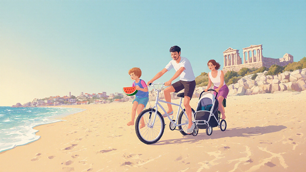 Family biking on a quiet beach in Bulgaria with ancient ruins and watermelon in hand.