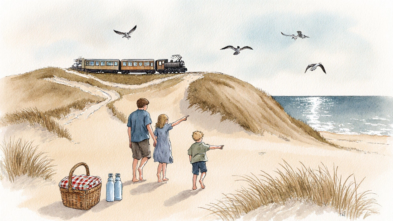 Family walking on sand dunes in Poland with a dune train and seabirds in the distance.