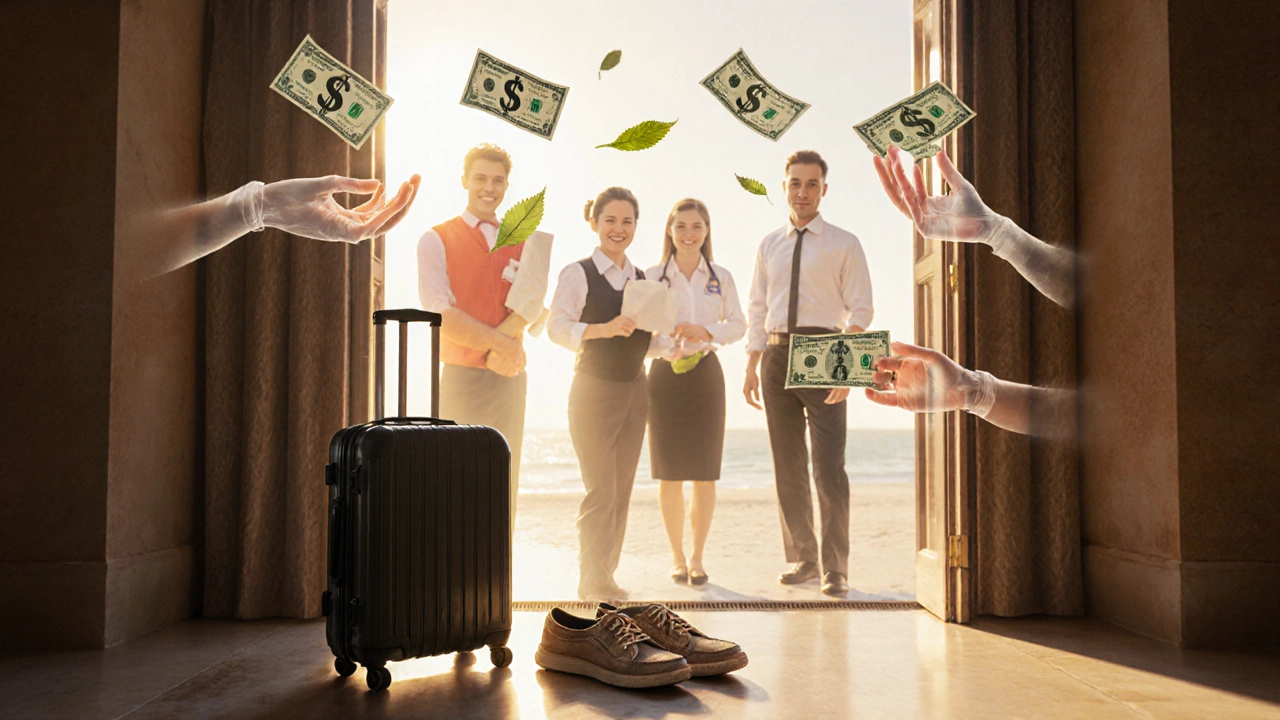 Floating bills drifting toward resort staff shoes, symbolizing appreciation