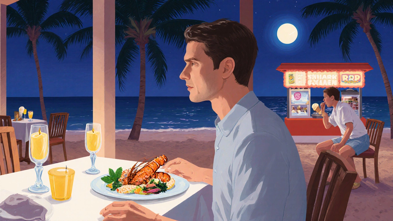 Guest enjoying a candlelit dinner on the beach while secretly taking ice cream from a snack station.