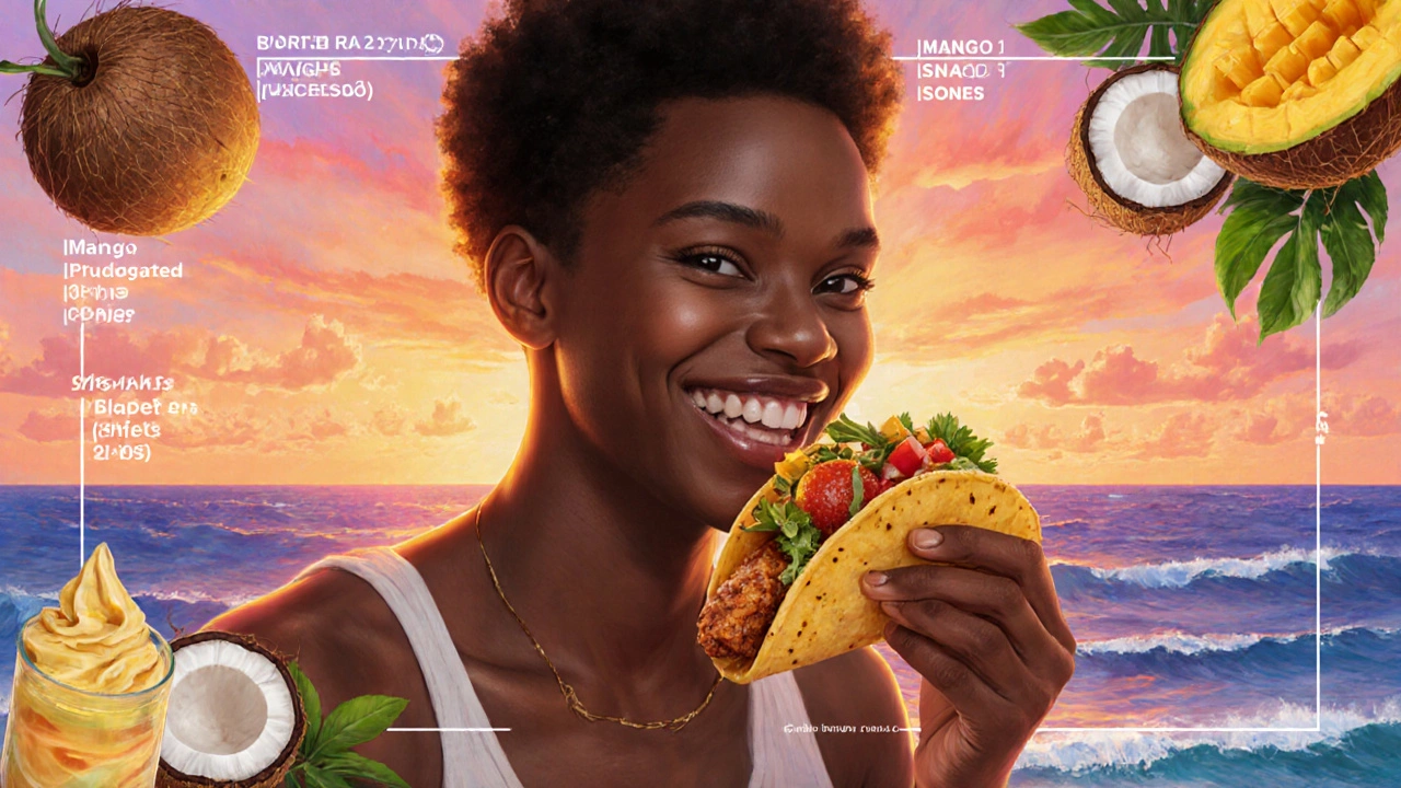 Traveler eating jerk chicken taco at sunset with tropical foods and ocean waves in the background.