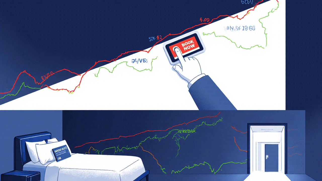 Weekly hotel price graph spiking on Friday with hand clicking to book, Sunday rate hidden below