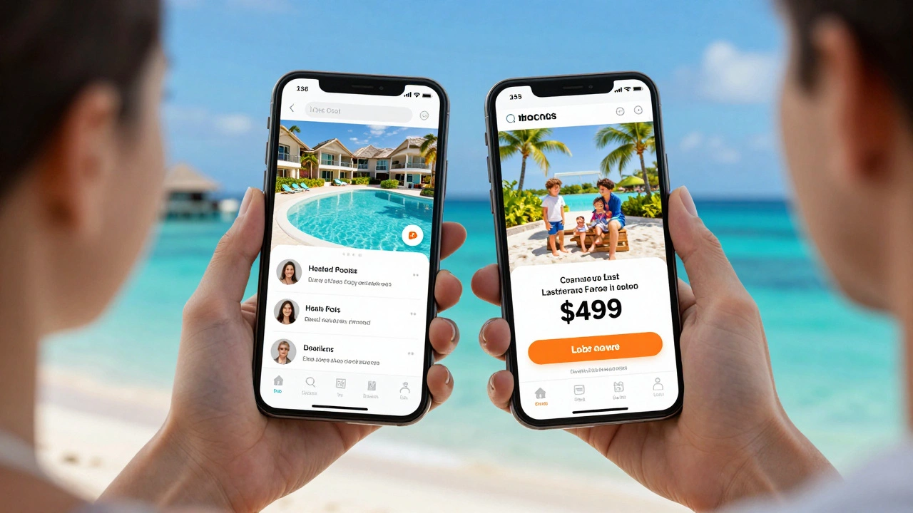 A couple using smartphones to customize their all-inclusive stay with real-time resort chat and deals.