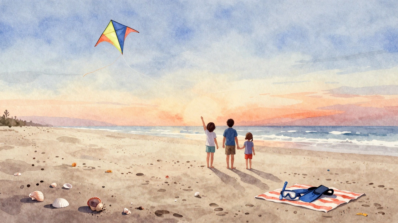A family flies a kite on an empty beach at sunset with snorkel gear nearby.