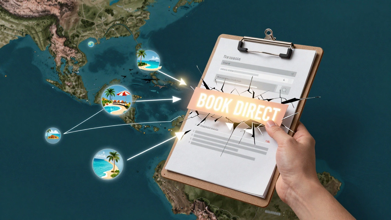 A fractured travel agent's clipboard above a digital Caribbean map with direct booking paths glowing through.