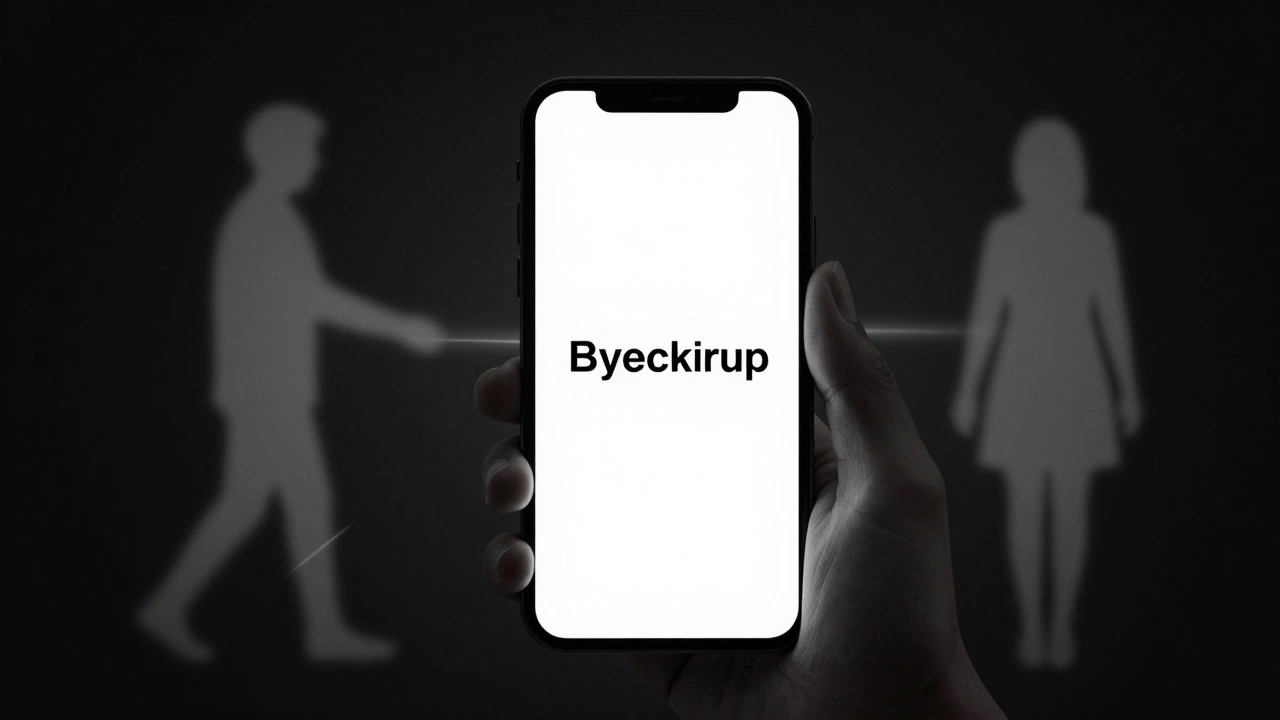 A hand holding a phone showing a clear breakup message with fading silhouettes.