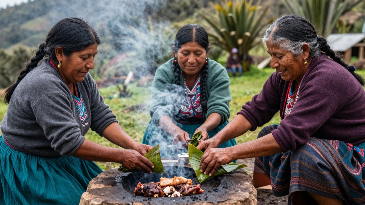 A traveler learns to wrap meat with Peruvian women beside a smoky underground oven.