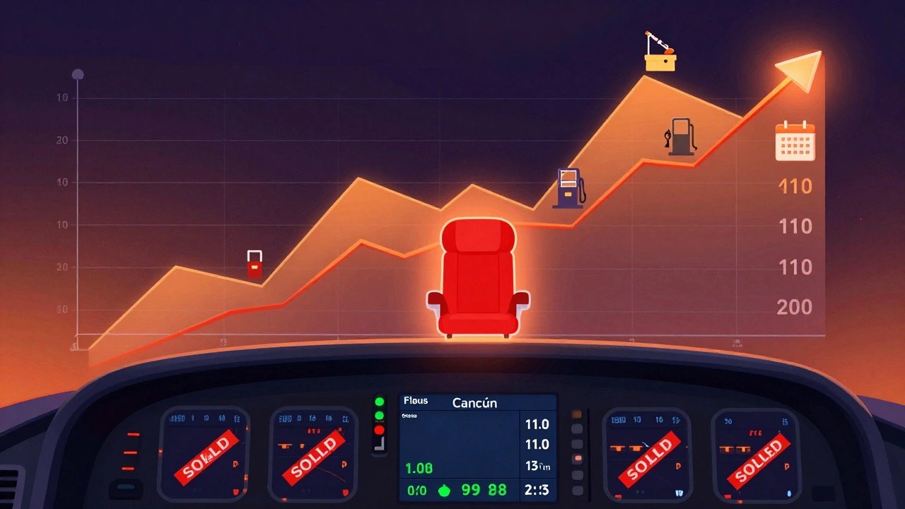 An airline pricing dashboard with rising graphs and empty seats highlighted in red.