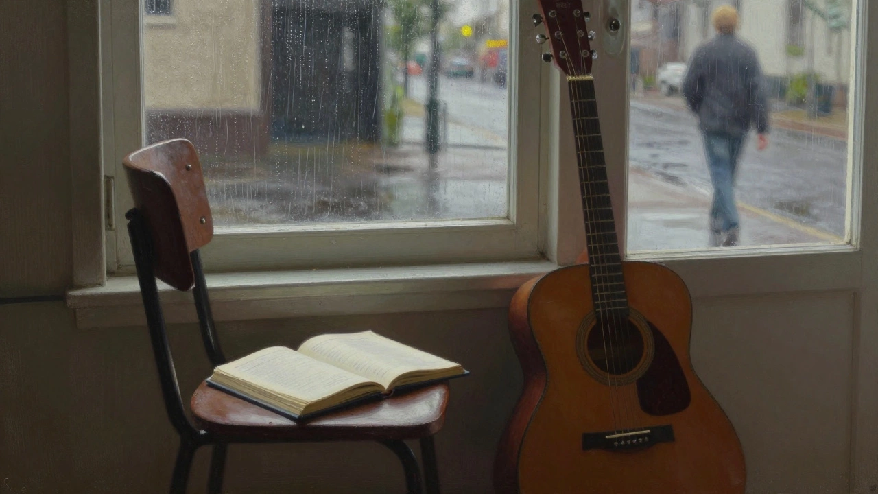 An empty chair with a guitar and journal by a rainy window, symbolizing peaceful solitude.