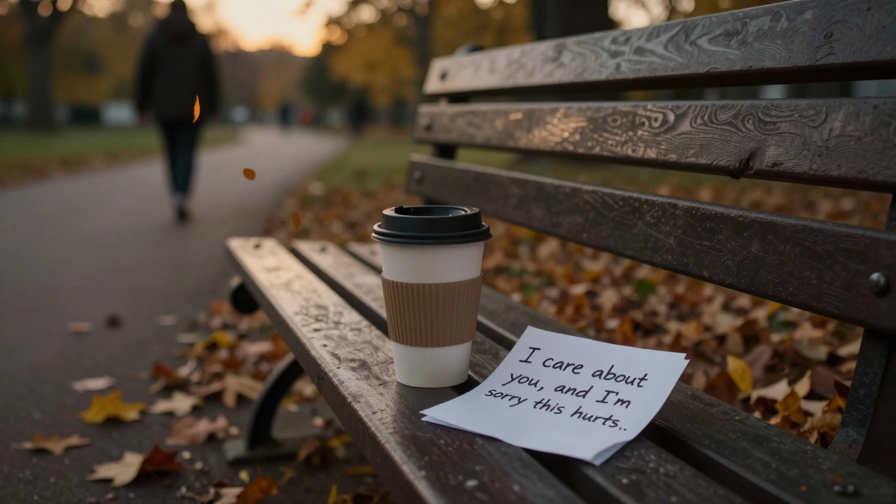 An empty park bench at dusk with a handwritten note and falling leaves.