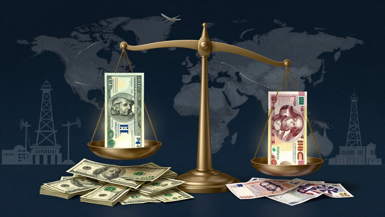 Artistic balance scale showing Gulf currencies towering over global currencies with oil rigs and flight paths.