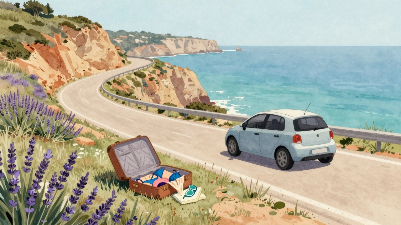 Car parked by a coastal road in Algarve, suitcase open among wild lavender.