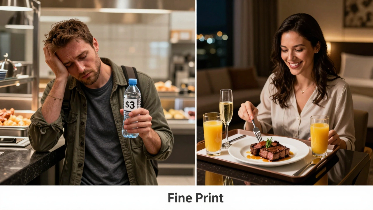 Contrasting scenes: one traveler paying for bottled water, another enjoying late-night room service with steak and champagne.