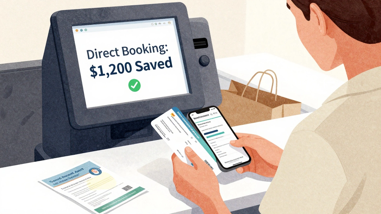 Couple checking in at a resort, holding direct booking confirmation while a travel agent brochure is discarded.