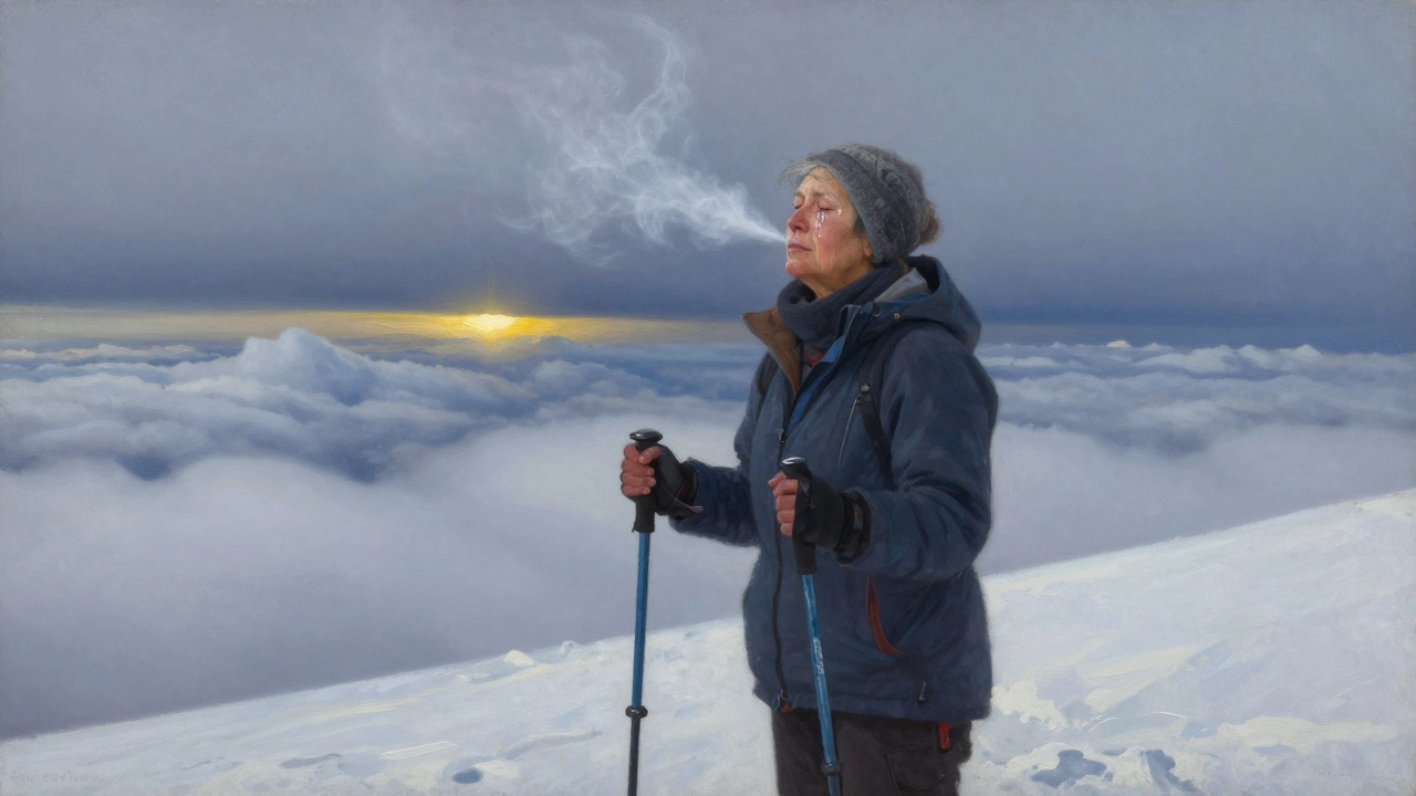 Elderly woman at the summit of Mount Kilimanjaro, tears on her face, surrounded by clouds and snow.