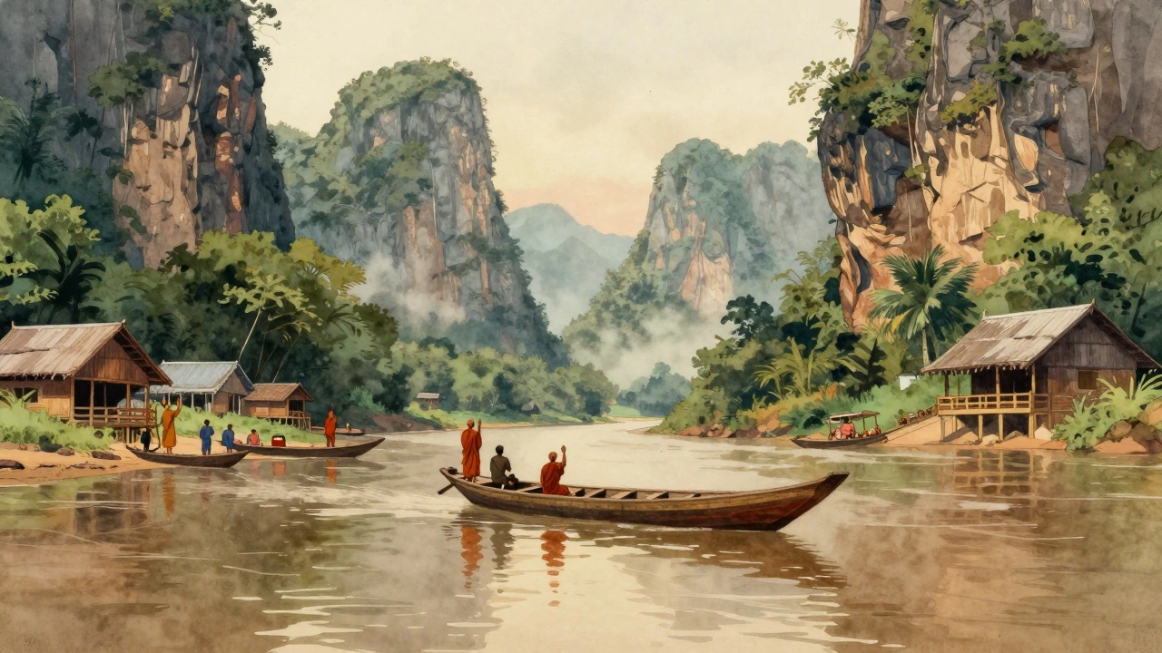 Longboat floating down a jungle river in Laos, villagers and a monk visible on the banks.
