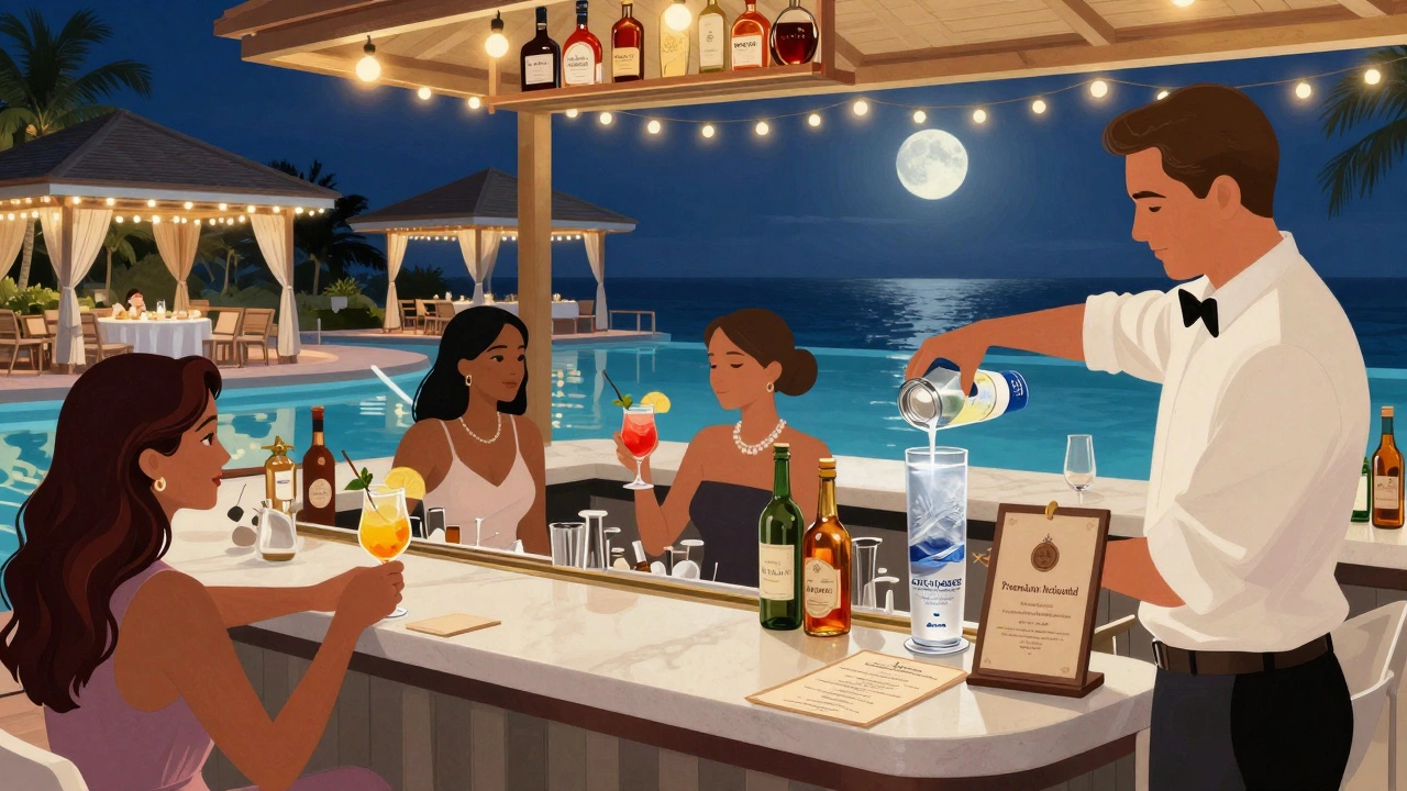 Luxury poolside bar with guests enjoying premium cocktails under string lights, featuring imported spirits and elegant resort ambiance.