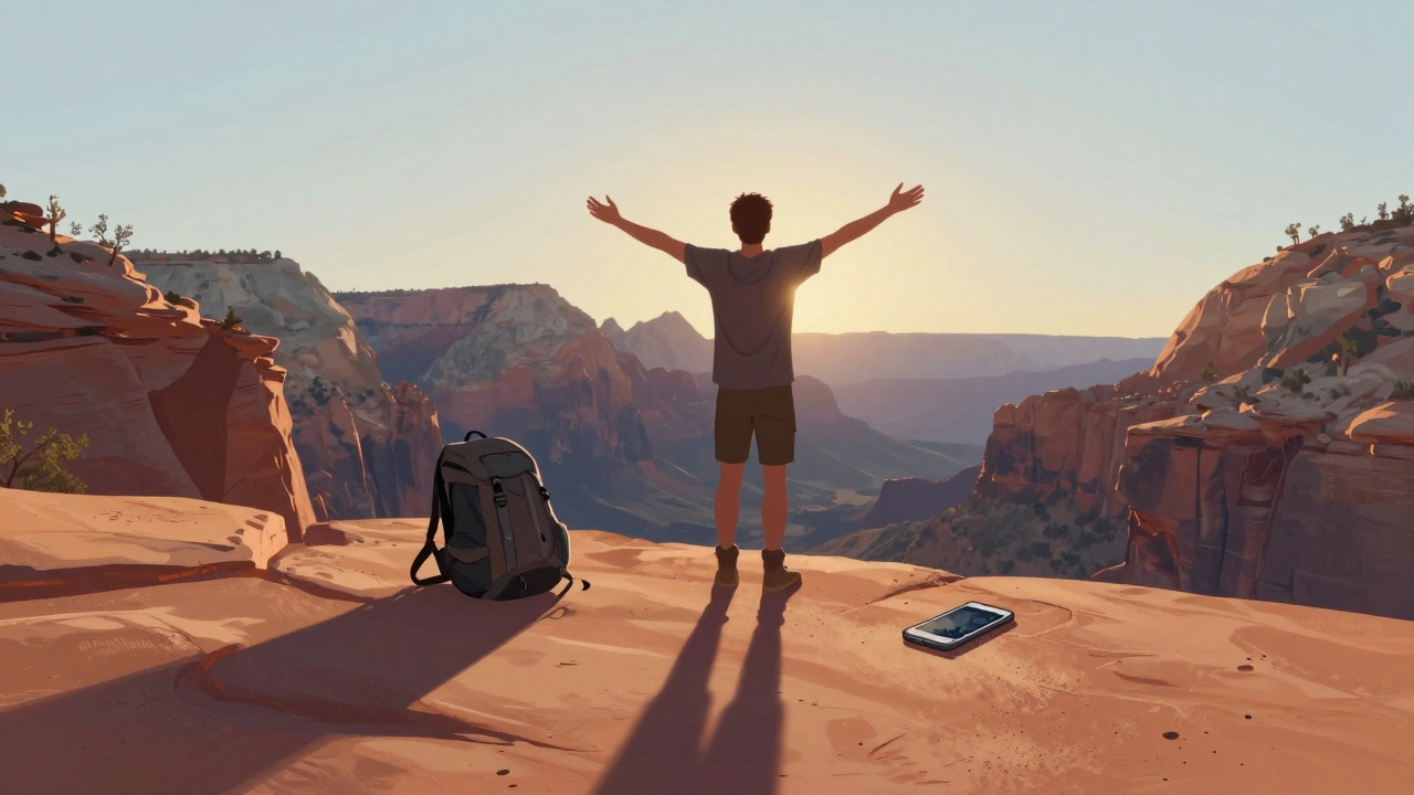 Person standing in Zion National Park at sunrise, phone face-down in the dust.
