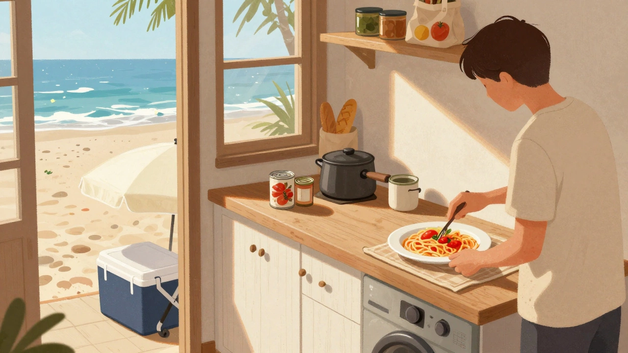 Someone cooks a simple meal in a beach rental kitchen with ocean view and market groceries.