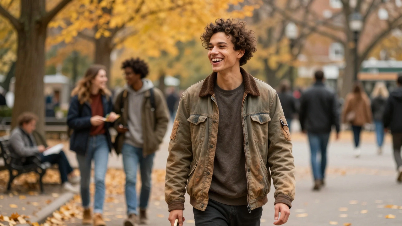 Someone laughing with friends in a park, engaged in life without looking back.