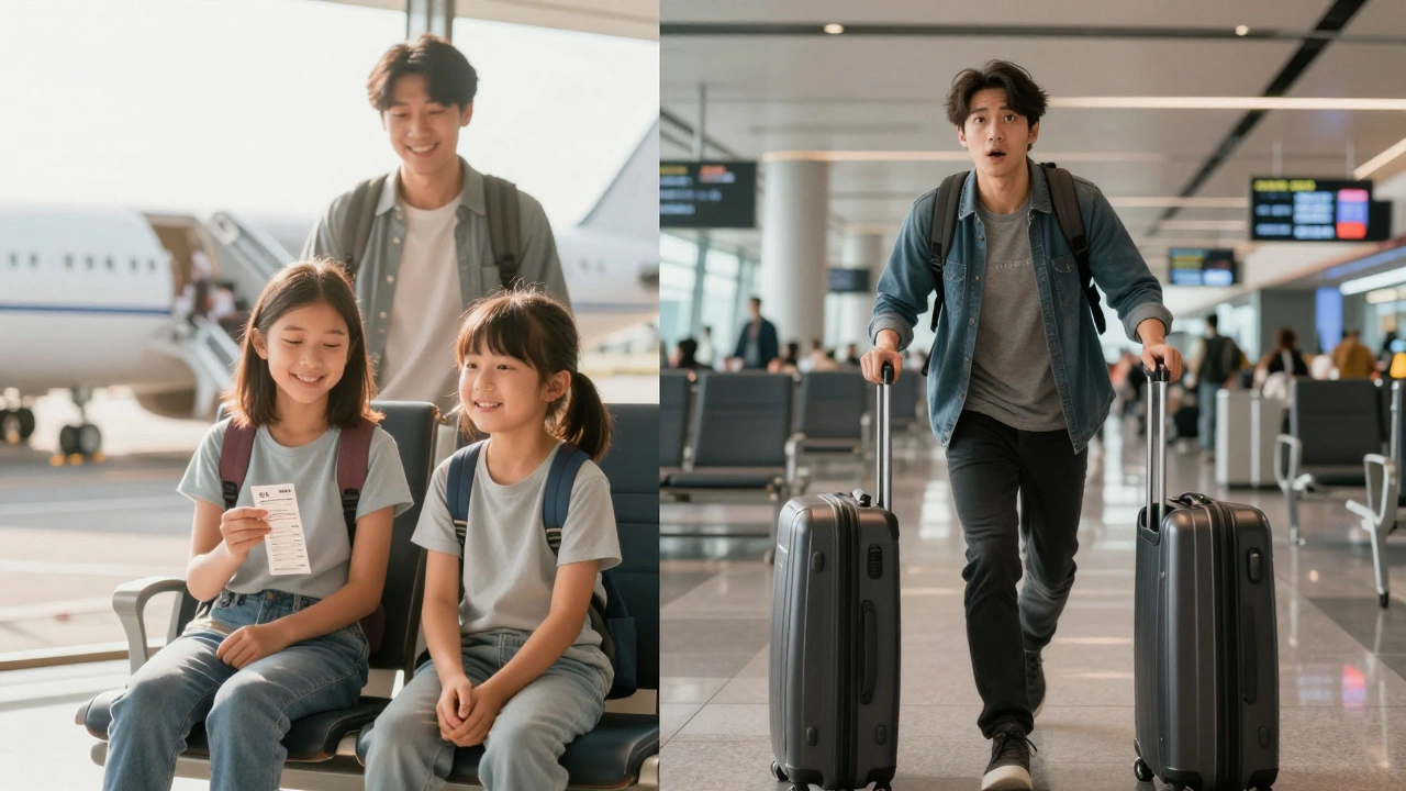 Split image: happy family boarding early vs. lone traveler rushing at dawn with expensive ticket.