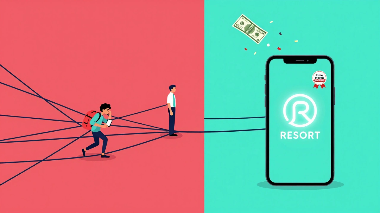 Split image showing complex agent connections vs. direct booking path with money saving visual.