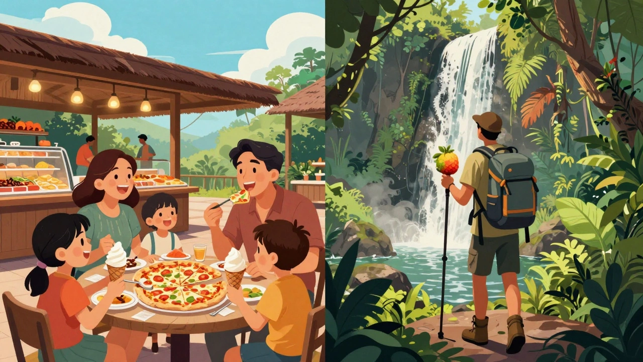 Split scene: family enjoying resort buffet on one side, solo traveler hiking to a waterfall on the other.