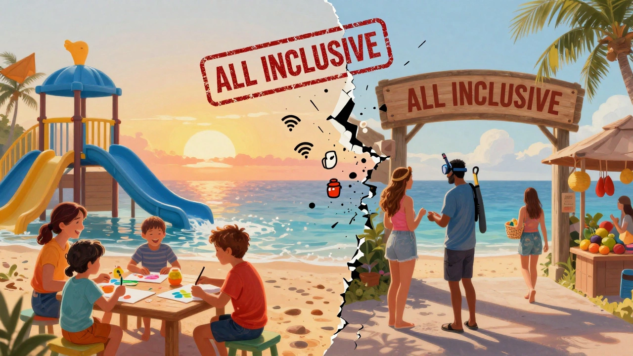 Split scene showing free resort activities versus paid excursions and hidden costs.