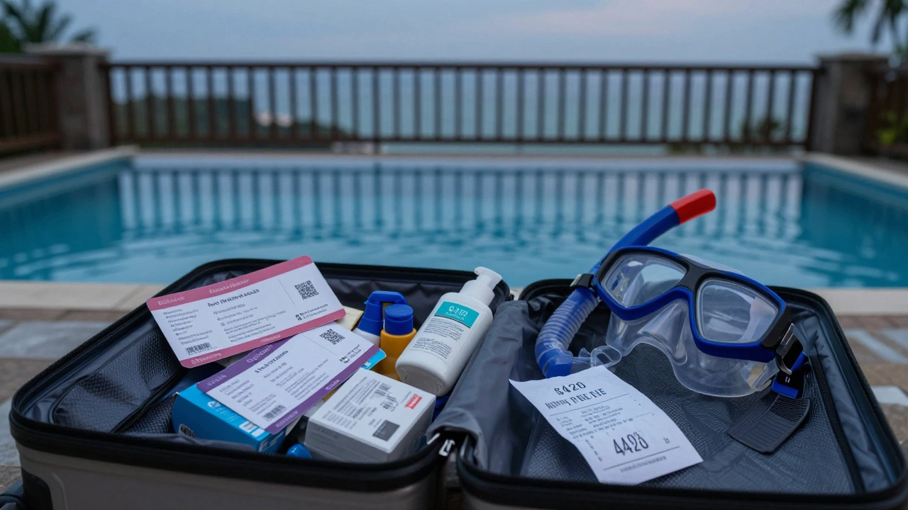 Suitcase filled with unused resort amenities and hidden fee receipts on a balcony at dusk.