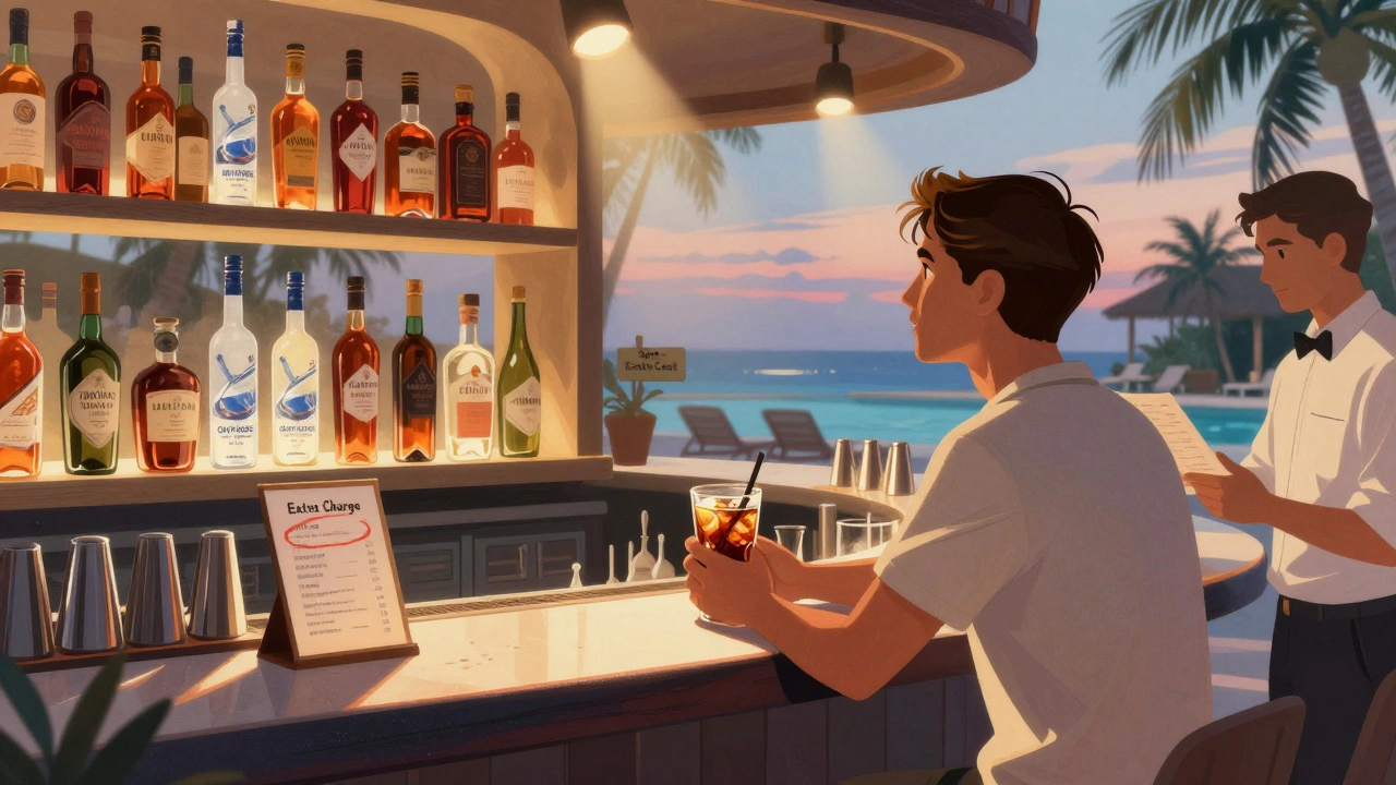 Traveler at a bar looking at premium drinks marked as extra charge.