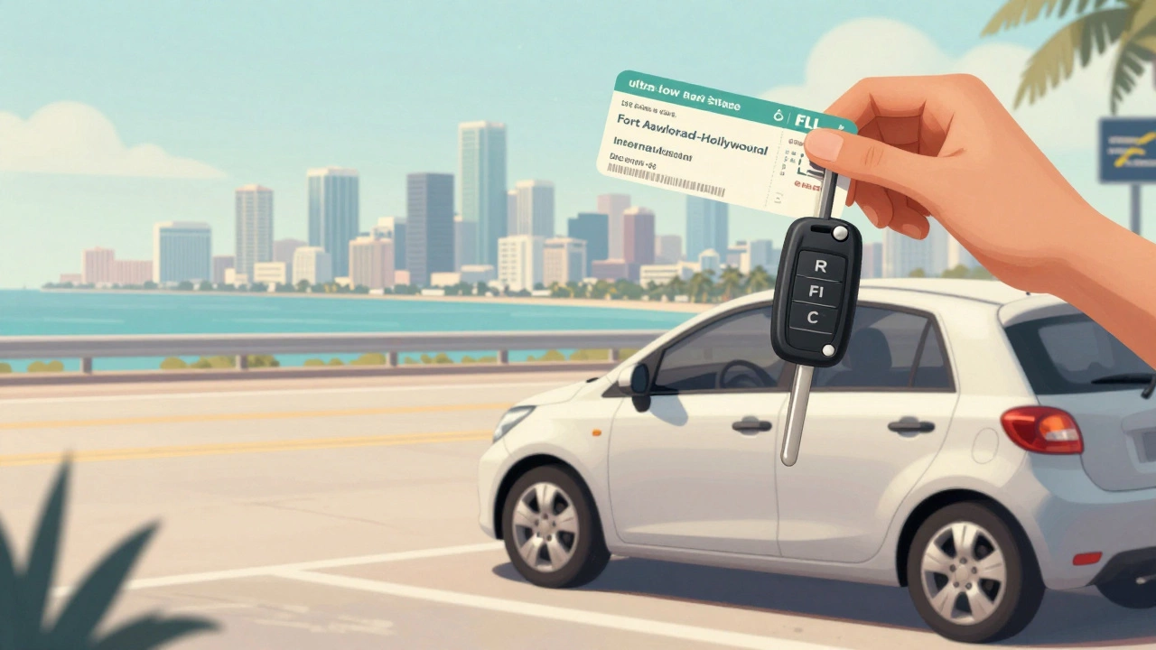 Traveler with rental car at Fort Lauderdale Airport, Miami skyline visible in the distance.