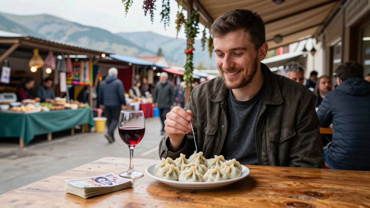 UK traveler enjoying Georgian street food with local lari notes on table, mountains visible in background.