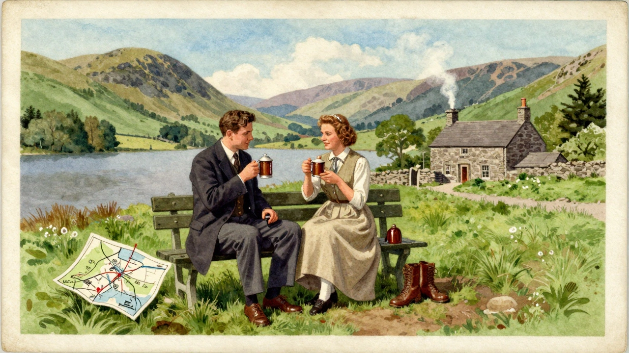 A 1950s couple enjoying tea on a bench in the Lake District, surrounded by hills and a cozy cottage.