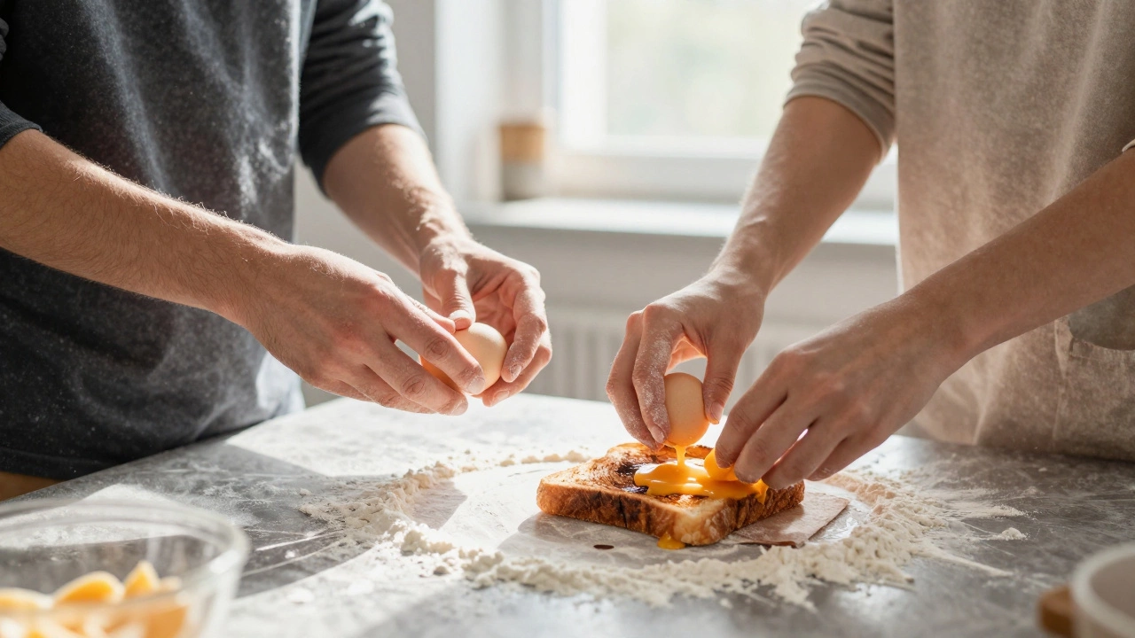 A couple cooking together in the kitchen, hands messy with flour and cheese, natural light streaming in.