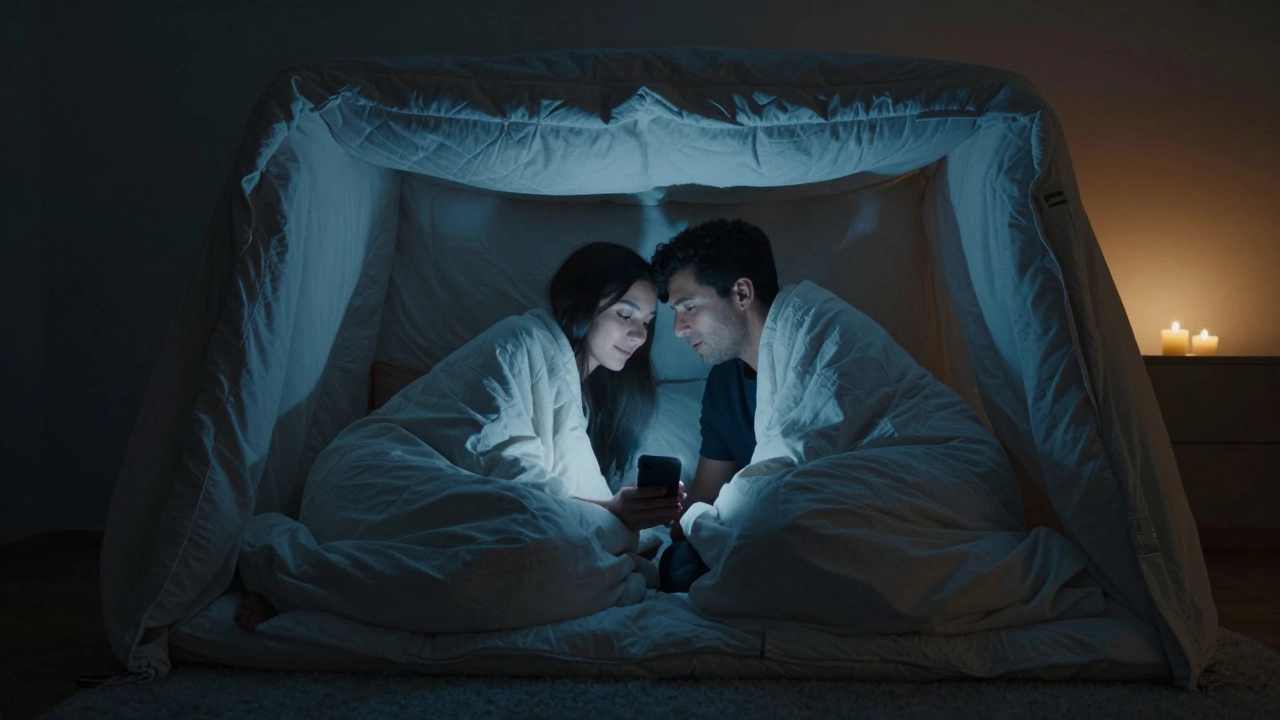 A cozy blanket fort lit by a phone flashlight, two people whispering inside under shared blankets.