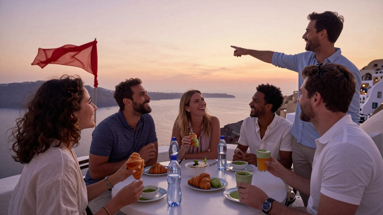 A group laughs together on a Santorini cliff at sunset, sharing snacks with their guide.