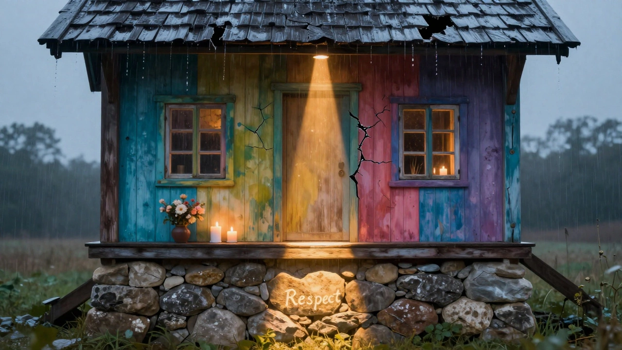 A house with colorful walls and a cracked roof stands over a strong stone foundation, illuminated by a single beam of light.
