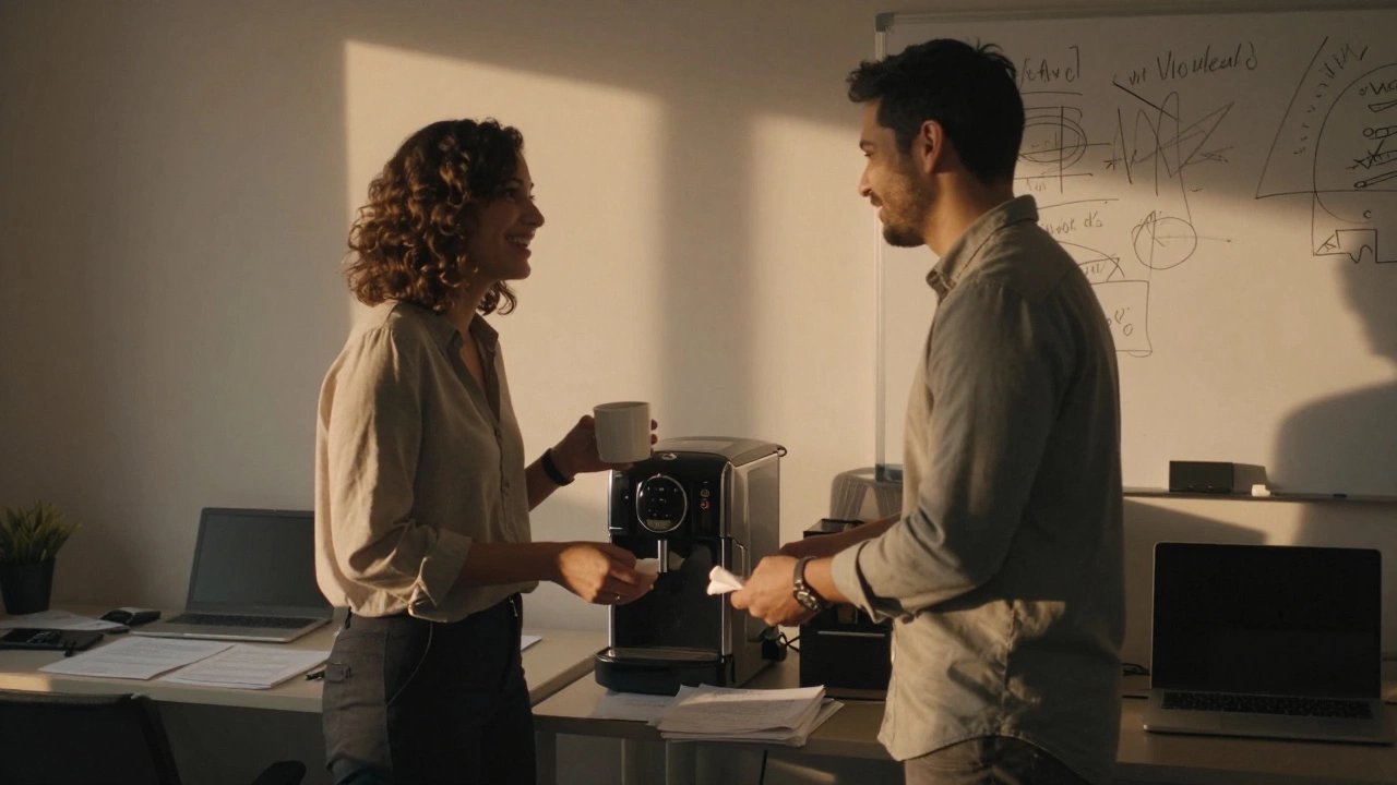 A man and woman sharing a laugh in an office break room after a coffee spill, natural light streaming in.