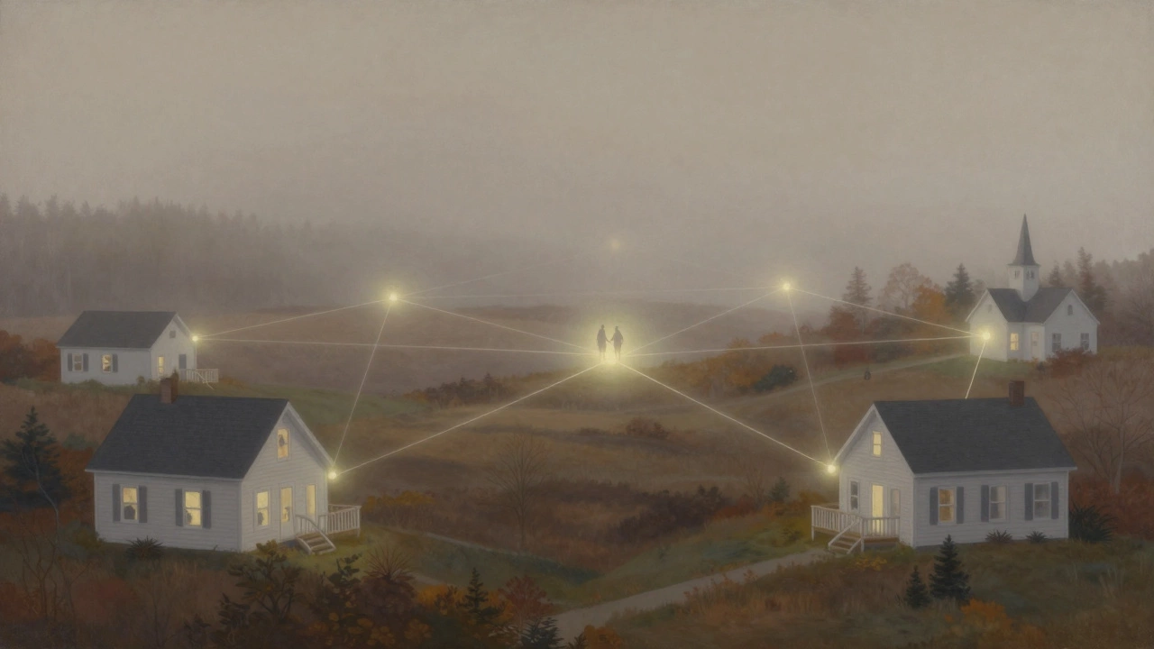 A network of glowing threads connects homes and community spaces in rural Maine.