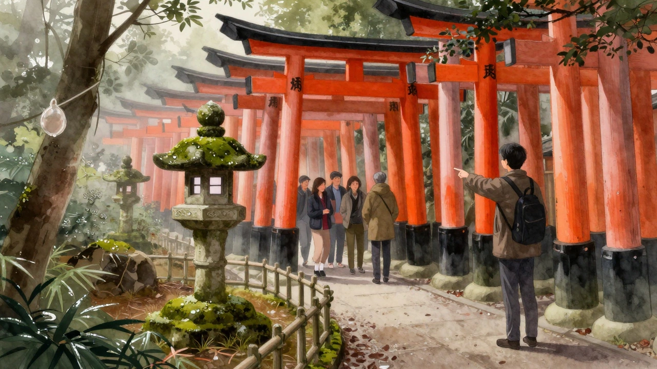 A quiet temple garden in Kyoto at dawn, with a guide pointing to a hidden lantern among misty torii gates.