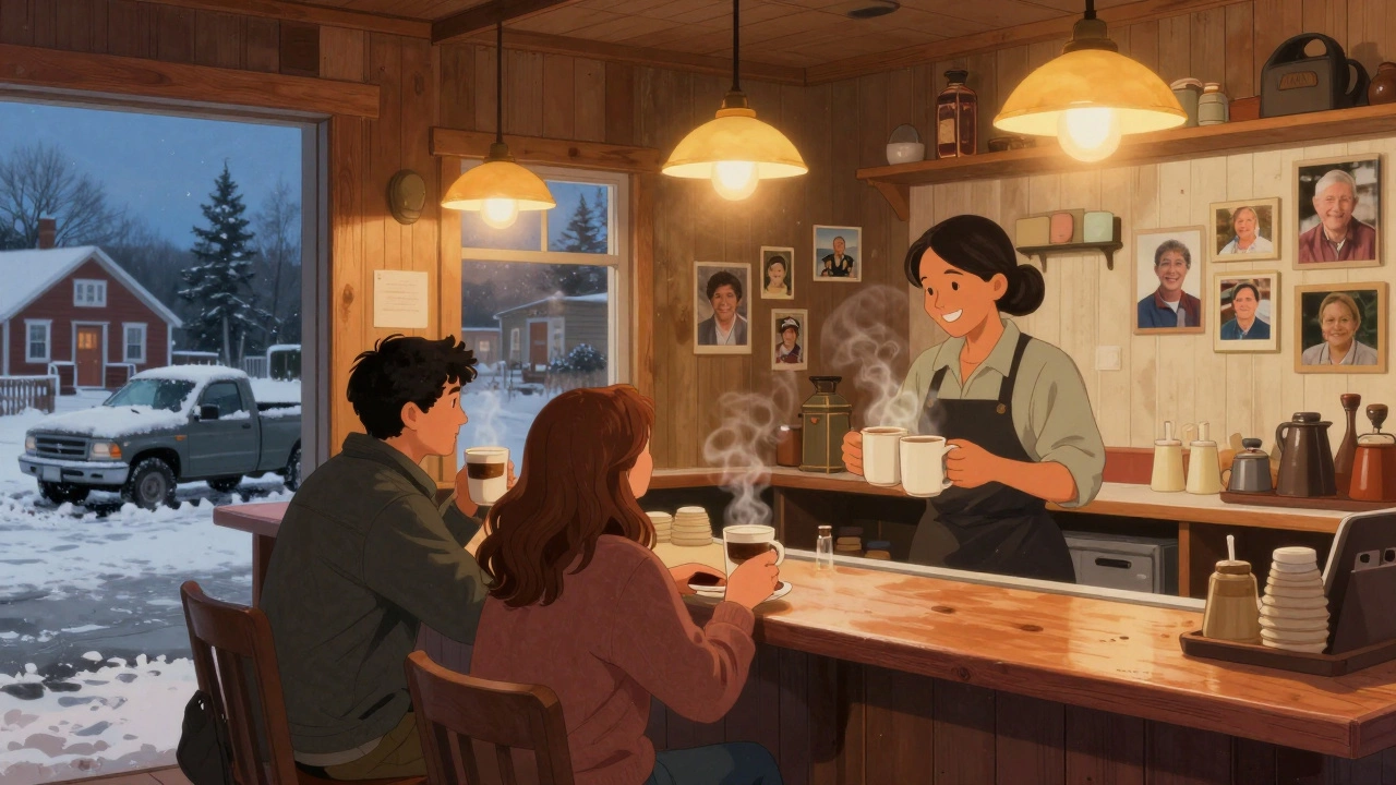 An elderly couple shares coffee at a rustic Maine diner with a smiling waitress.