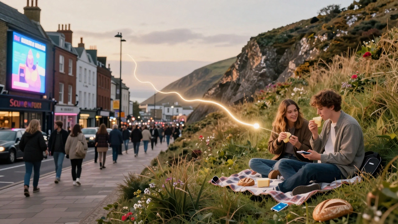 Contrast between crowded London and peaceful Cornwall cliffside with phones left behind.