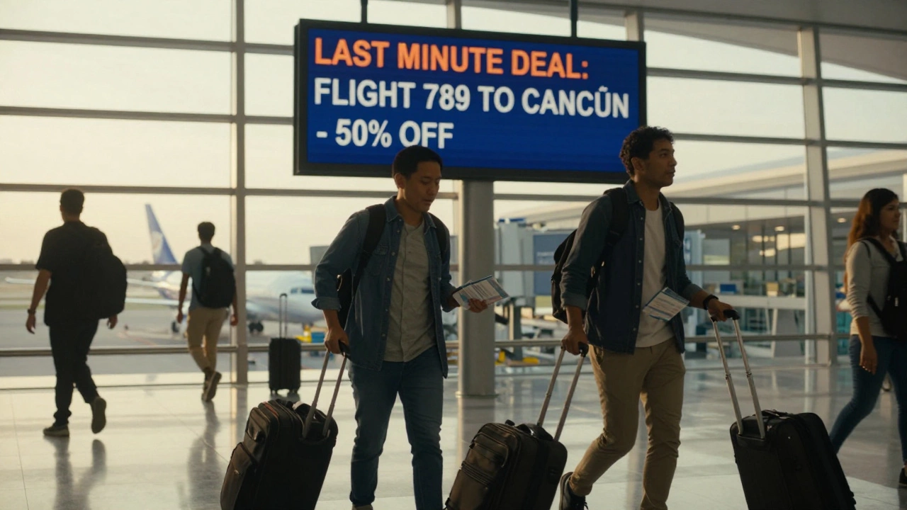 Couple rushing through an airport gate at dawn with boarding passes for a last-minute flight.