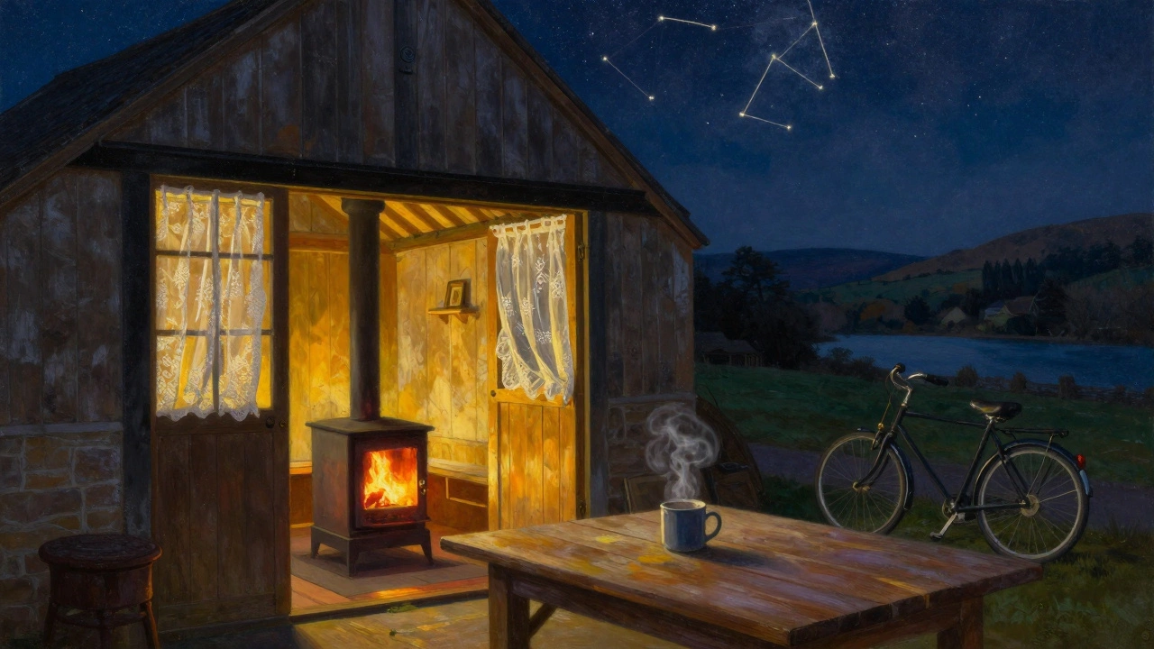 Cozy barn interior at night with warm light, stove, and starry sky visible outside.