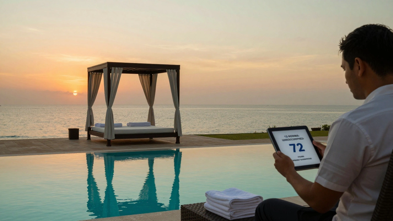 Empty resort pool at sunset with a vacant cabana, staff member viewing occupancy stats on a tablet.
