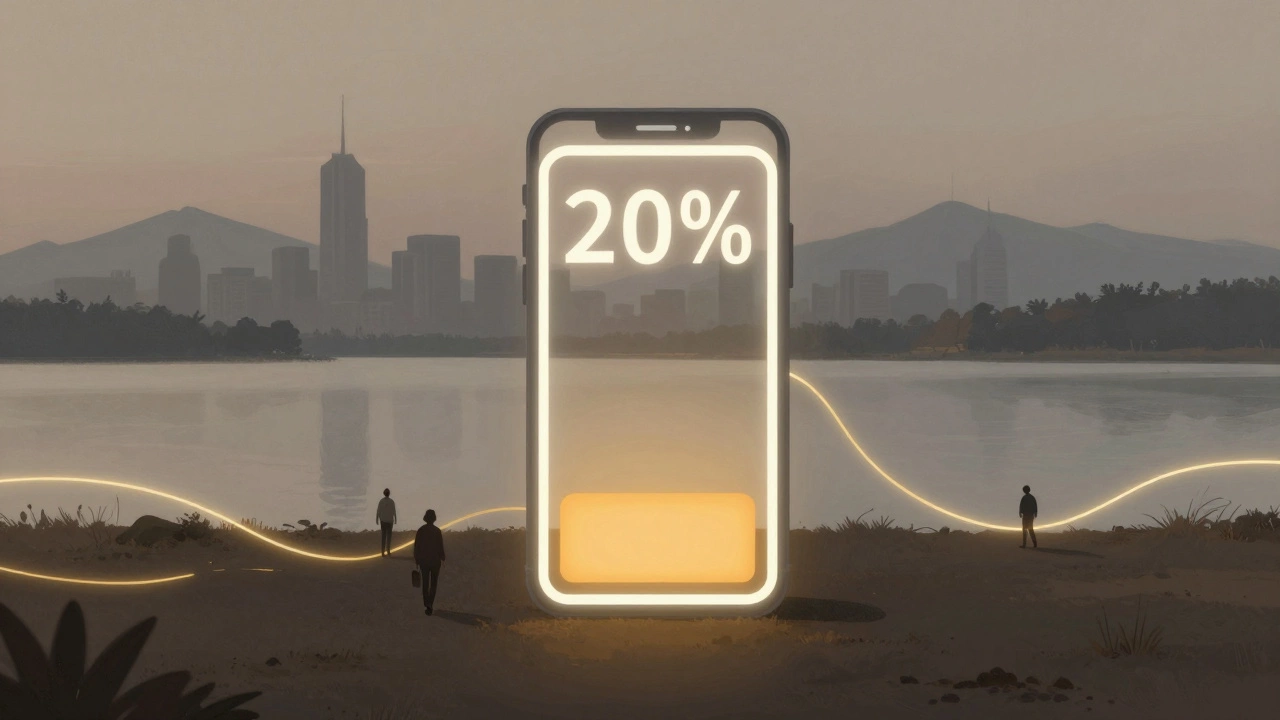 Phone battery at 20% charge with figures walking toward nature, symbolizing a mental reset.
